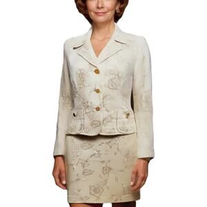 Escada Women's Size 42 Silk Skirt Suit Set Beige Cream Floral Feminine Old Money